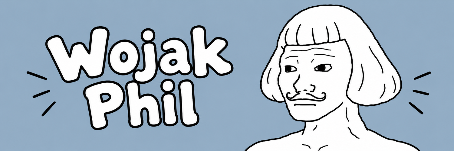 Hand-drawn Wojak Phil banner with Phil's portrait and name